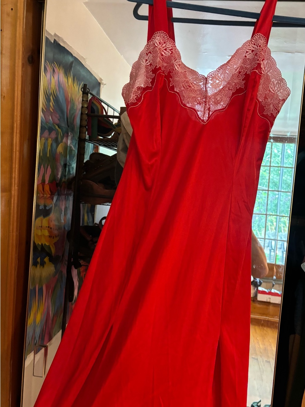 Red Satin Slip with Lace V-Neck - Women's Chemise